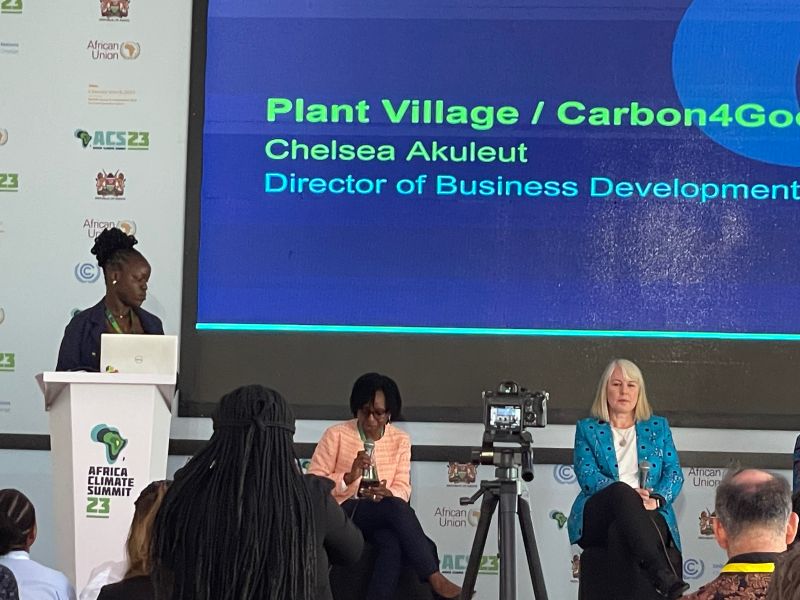 Chelsea Akuleut (Plant Village) delivers a report on their biochar project, alongside Bilha Ndirangu (Great Carbon Valley), and Gabrielle Walker at Africa Climate Summit, Kenya 2023