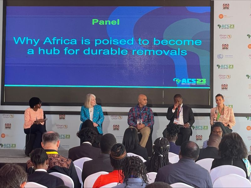 Bilha Ndirangu (Great Carbon Valley), Gabrielle Walker, Dr. Sanjeev Khagram (UNFCCC UN High Level Champions), Eric Mwangi (Kenya Climate Envoy Office), Caitlin Wale Wale (Kinjani and Partner Counteract) at Africa Climate Summit, Kenya 2023