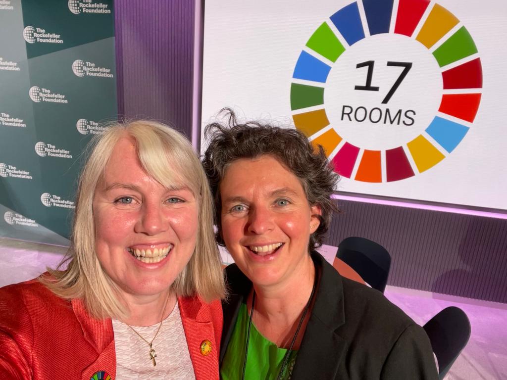 Gabrielle Walker and Carlijn Nouwen (Climate ActionPlatform Africa) at the 17 Rooms event, Rockerfeller Foundation, NYCW 2023