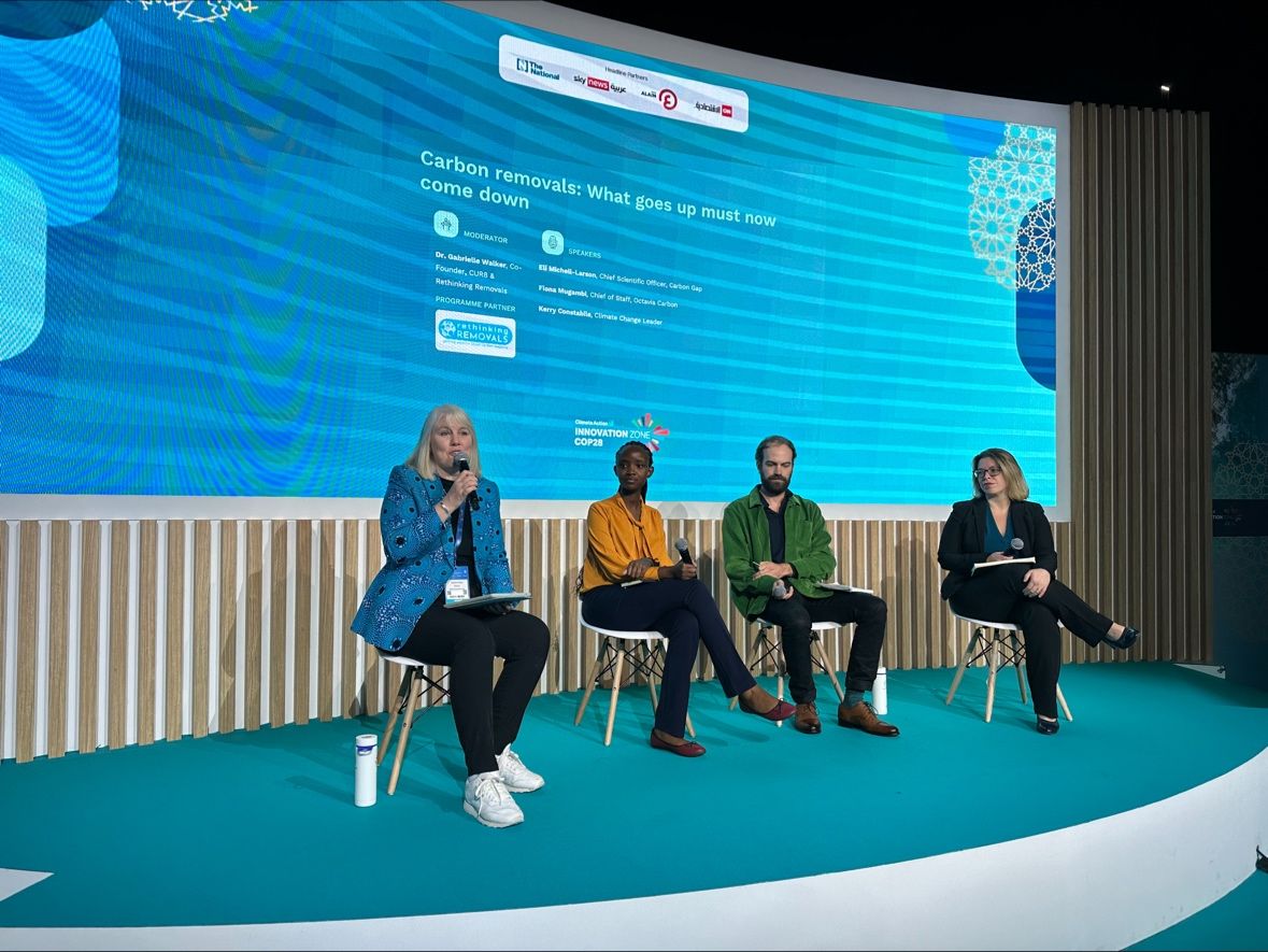 Gabrielle Walker speaks at the COP28 event, 'What goes up must come down' with Fiona Mugambi (Octavia Carbon), Eli Mitchell-Larson (Carbon Gap), and Marta Krupinska (CUR8)